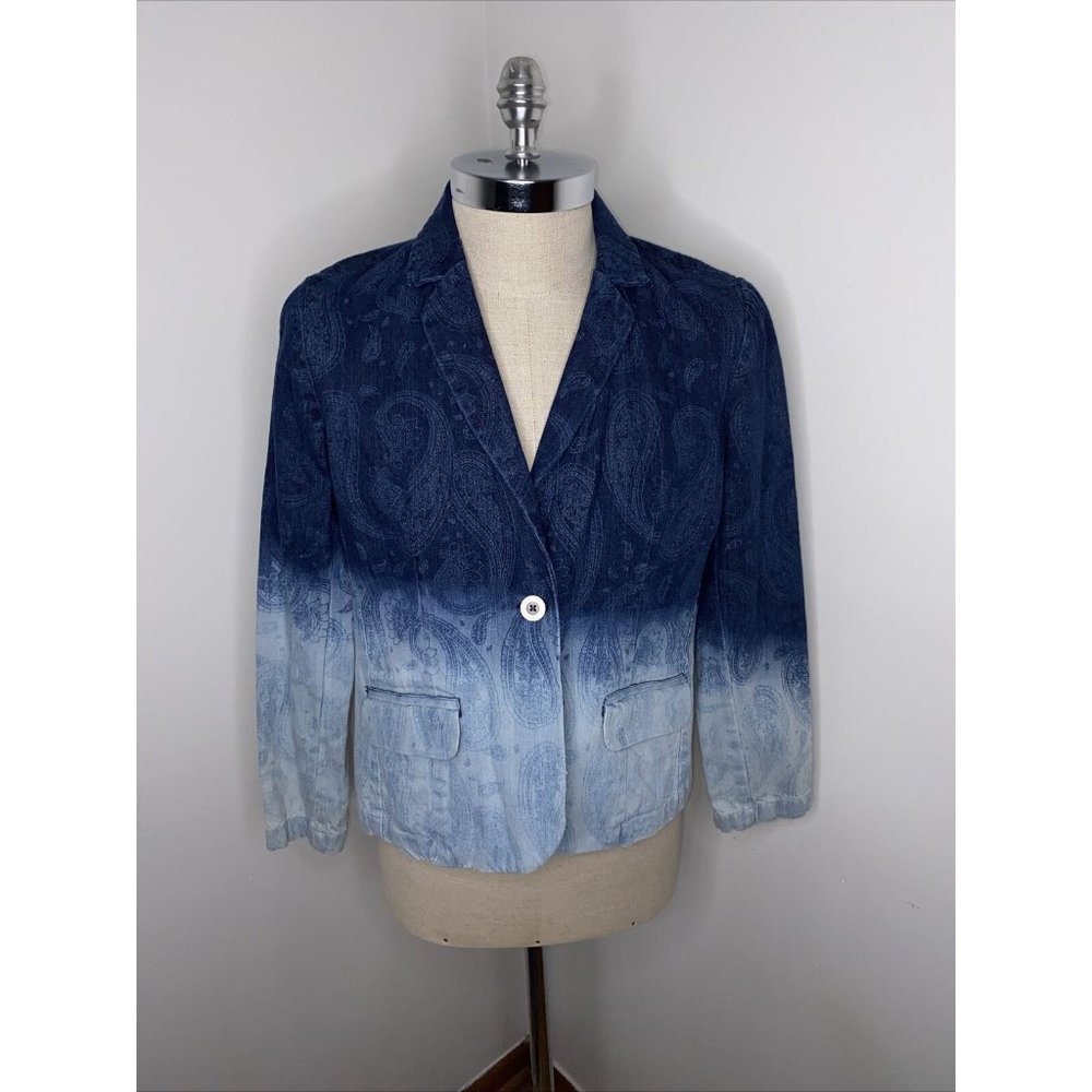 Chico's Platinum Denim Jean Jacket Blue Womens Sz 1 M 8 Ombre Paisley Dip Dye